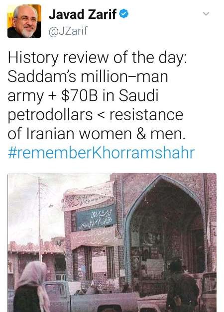 توئیت ظریف بمناسبت سوم خرداد؛ ارتش میلیونی صدام کوچکتر از مقاومت ایرانیان